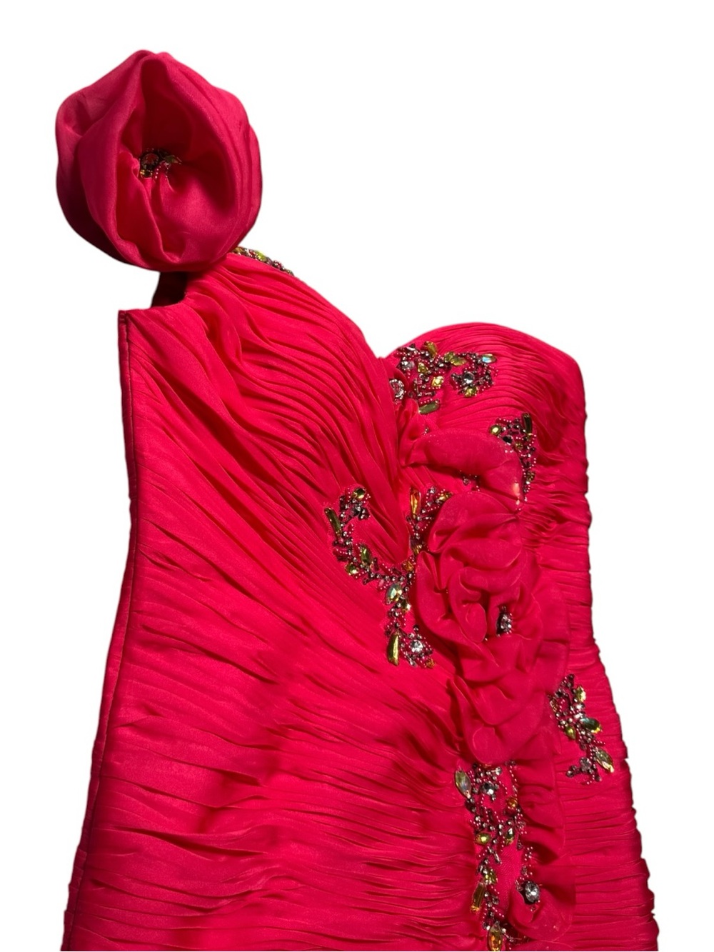 JANIQUE One-Shoulder Hot Pink Ruched Cocktail Dress 4 with Floral Applique - Picture 2 of 10